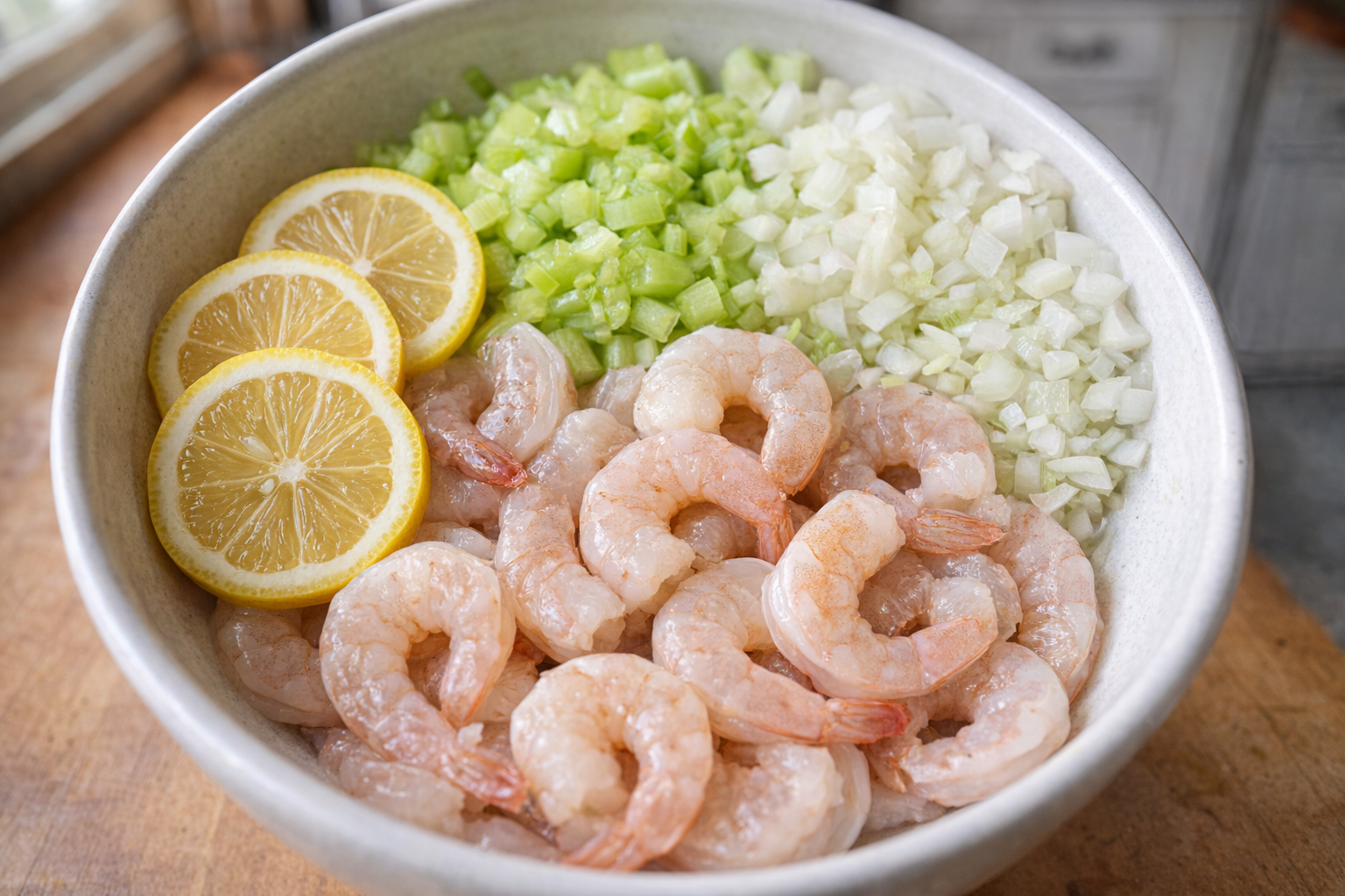 A close-up, overhead shot of raw shrimp, peeled and deveined, resting in a bowl with lemon slices, chopped celery, and onion. The scene is brightly lit.
